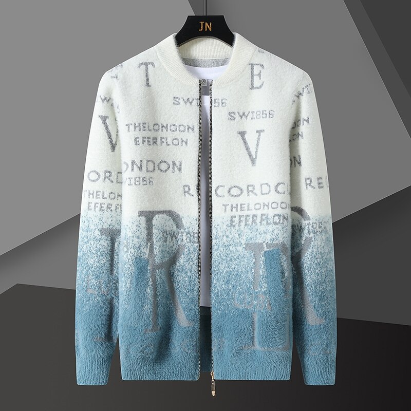 New Fashion Casual Thickened Thermal Sweater Cardigan Men&s Autumn Winter Personality Letter Jacquard High End Casual Coat